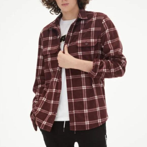 Aeropastale Men Button Front Shirt Long Sleeve Plaid Microfleece -XL -Wine -EUC - Picture 1 of 8